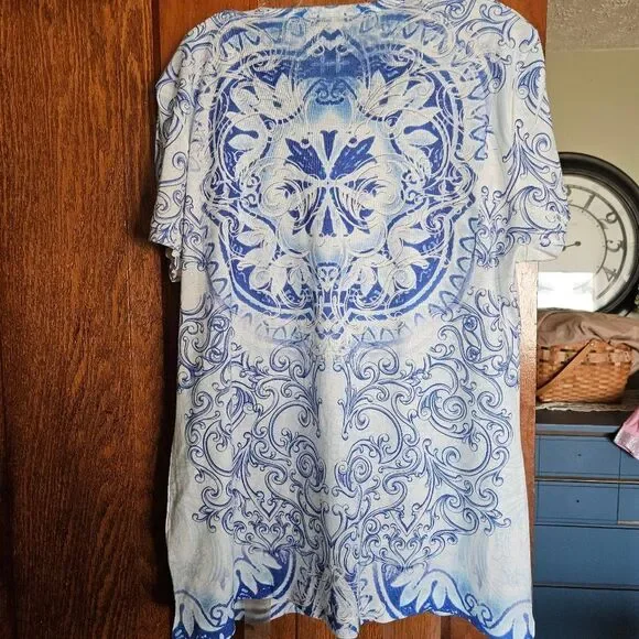 Style & Co Blue White Patterned Top XL Sparkle Embellished Boho Chic Vacation - Picture 2 of 9